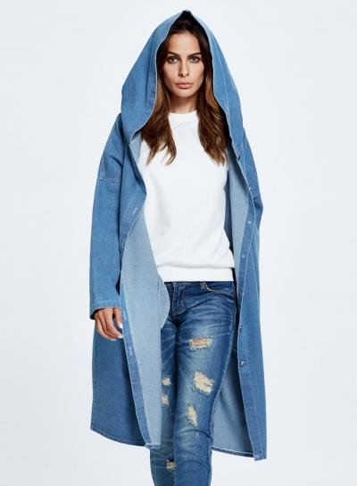 Oasap Long Sleeve Button Down Denim Hooded Coat