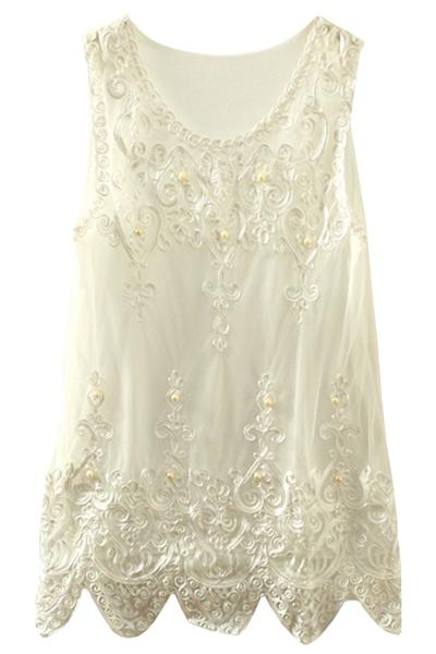 Oasap Sweet Zigzag Hem Pearls Decoration Lace Tank