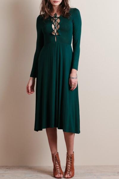 Oasap Lace-up Front Long Sleeve Stretch Knit Midi Dress