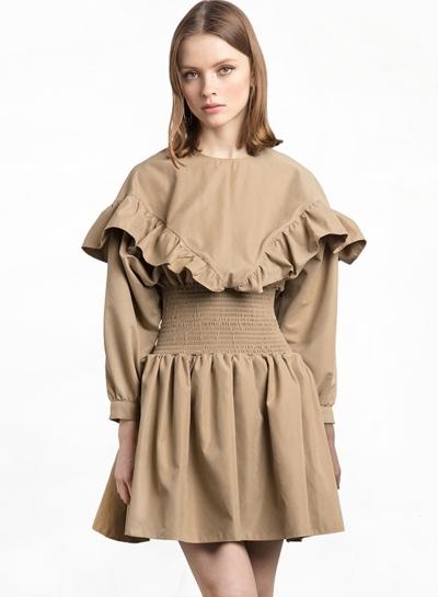Oasap Round Neck Flounce Hem Lantern Sleeve Solid Color Dress