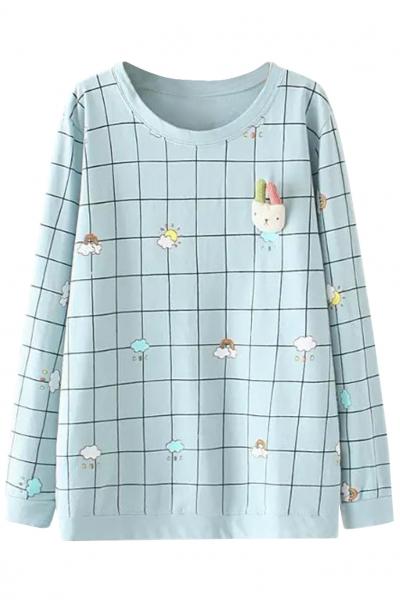Oasap Rabbit Deco Plaid Print Sweatshirt