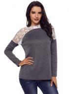 Oasap Round Neck Long Sleeve Lace Splicing Pullover Tee Shirt
