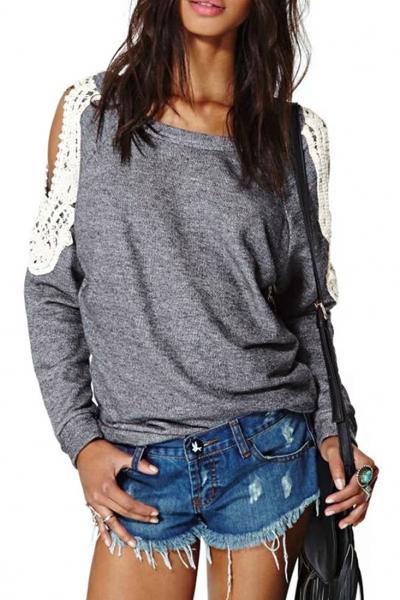 Oasap Fashion Cut-out Shoulder Crochet Splicing Tee