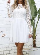 Oasap Round Neck Long Sleeve Lace Panel Ruffled Dress