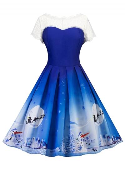 Oasap Christmas Short Sleeve Lace Panel Snowman Print A-line Dress