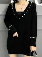 Oasap Fashion V Neck Loose Fit Knit Dress With Pearls