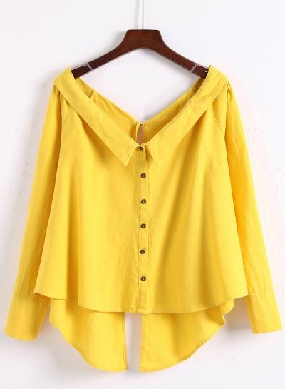 Oasap V Neck Long Sleeve Button Down Solid Shirts