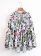 Oasap V Neck Long Sleeve Floral Print Ruffle Blouse