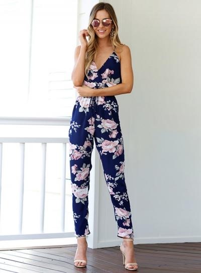 Oasap Spaghetti Strap Sleeveless Floral Printed Jumpsuit