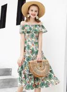 Oasap Off Shoulder Ruffle Floral A-line Midi Dress