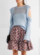 Oasap Off Shoulder Hollow Out Flare Sleeve Knit Sweater