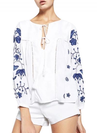 Oasap Women's Casual Long Sleeve Lace-up Front Floral Embroidery Blouse