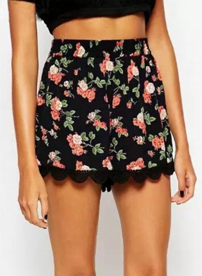 Oasap Elastic Waist Floral Scalloped Hem Loose Shorts