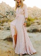 Oasap Striped V Neck 3/4 Sleeve Front Slit Maxi Dress