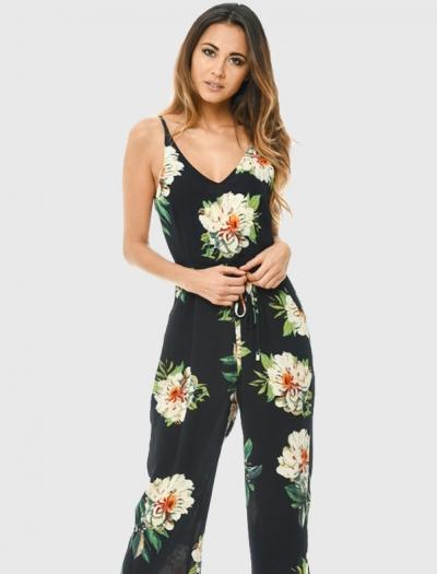 Oasap V Neck Sleeveless Floral Printed Tie Waist Jumpsuit