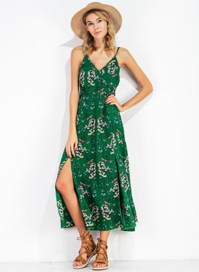 Oasap Spaghetti Strap V Neck Sleeveless Floral Maxi Dress