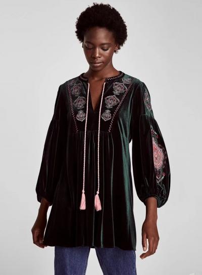 Oasap Fashion Lantern Sleeve Embroidered Mini Velvet Dress