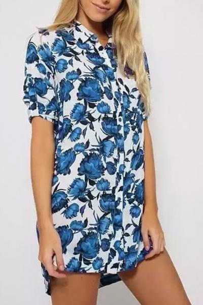 Oasap Blue Floral Long Button Down Shirt