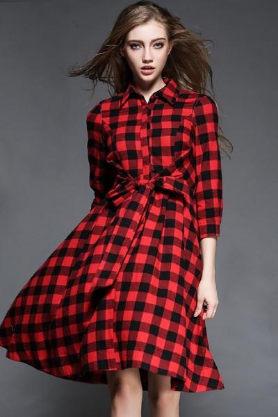 Oasap Chic Plaid Pattern Shirt Dress