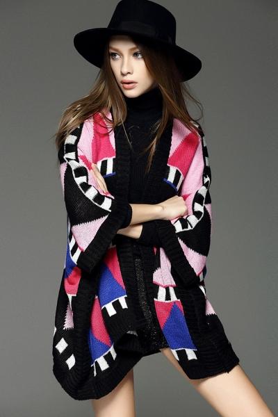 Oasap Multi Geo-print Open Front Batwing Sleeve Cardigan