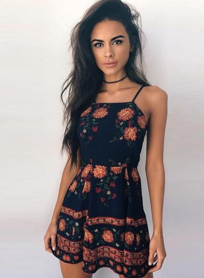 Oasap Spaghetti Strap Sleeveless Floral Printed Casual Dress