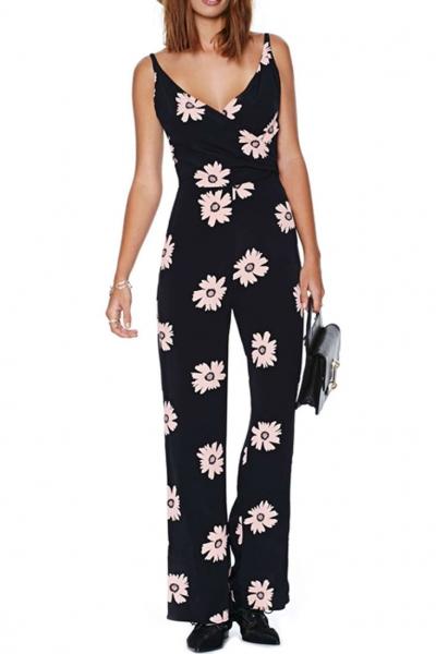 Oasap Engaging Floral Print V-neck Jumpsuit