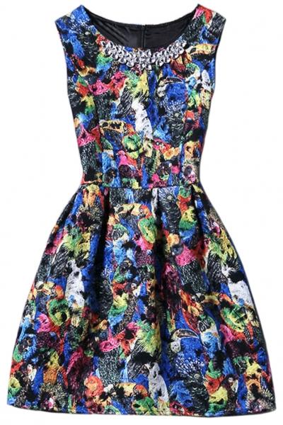 Oasap Parrot Print Rhinestone Round Neck Sleeveless Dress