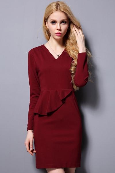 Oasap Burgundy Peplum Trim Sheath Dress