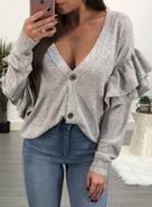 Oasap Deep V Neck Long Sleeve Flounce Panel Button Knitwear