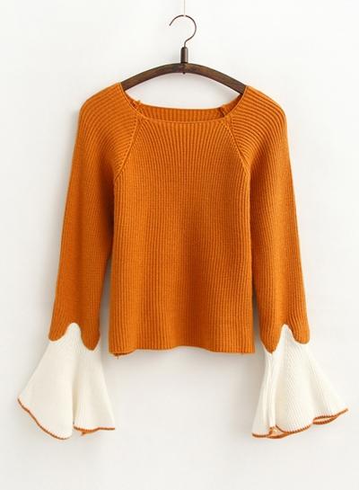 Oasap Round Neck Flare Sleeve Color Block Sweater