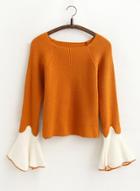 Oasap Round Neck Flare Sleeve Color Block Sweater