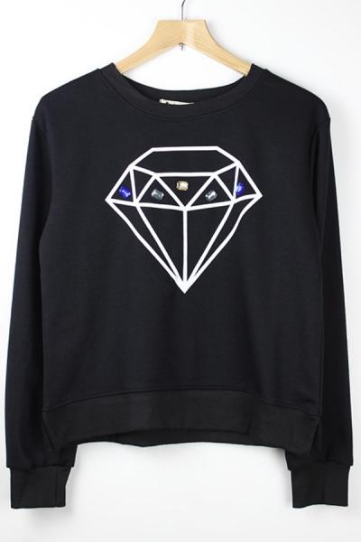 Oasap Bejeweled Diamond Graphic Sweatshirt