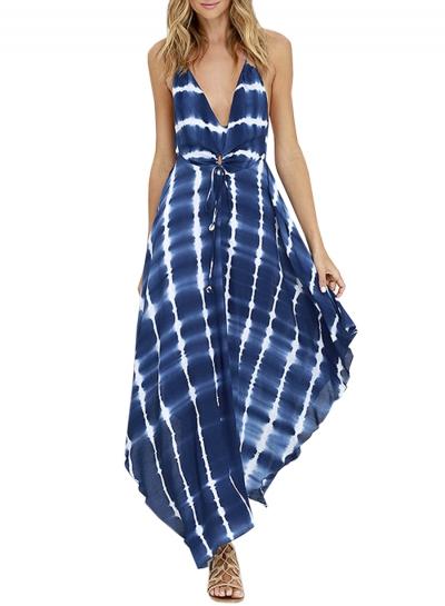 Oasap Women's Halter V Neck Open Back Tie Dye Maxi Beach Dress