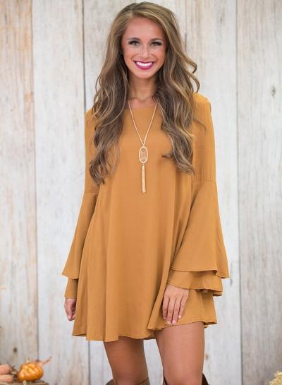 Oasap Round Neck Flare Sleeve Solid Color Backless Dress