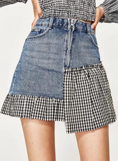 Oasap Fashion Plaid Denim Panel Mini Skirt