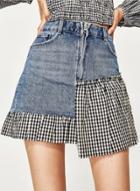 Oasap Fashion Plaid Denim Panel Mini Skirt
