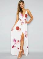 Oasap Deep V Neck Floral Printed High Slit Maxi Dress