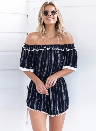 Oasap Glamour Slash Neck Short Sleeve Tassel Romper