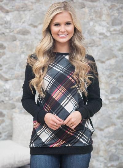 Oasap Round Neck Long Sleeve Plaid Splicing Sweatshirt