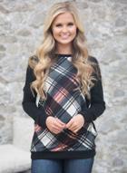 Oasap Round Neck Long Sleeve Plaid Splicing Sweatshirt