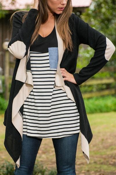 Oasap Color Block Elbow Patch Open Front Cardigan