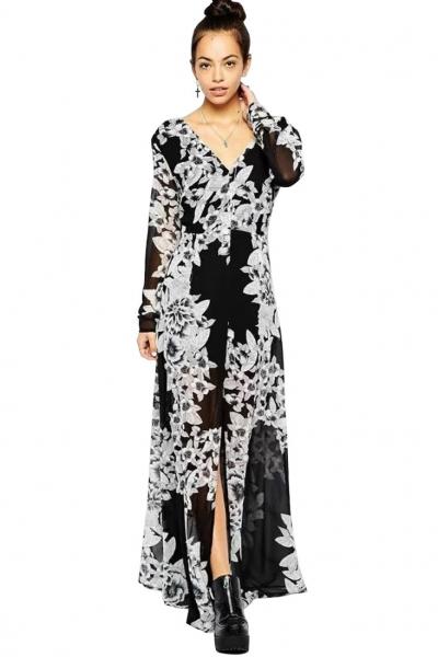 Oasap Casual Solid Black Floral Midi Dress With V Neck