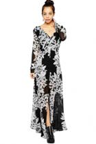 Oasap Casual Solid Black Floral Midi Dress With V Neck