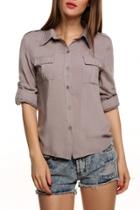 Oasap Chic Patch Pocket Button Down Chiffon Shirt