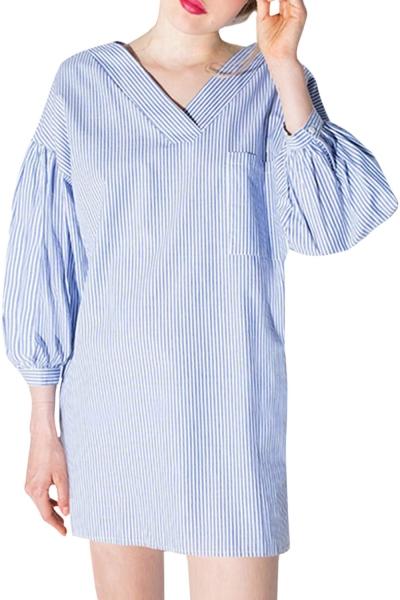 Oasap Women's V Neck Blue And White Stripe Print Lantern Sleeve Dress