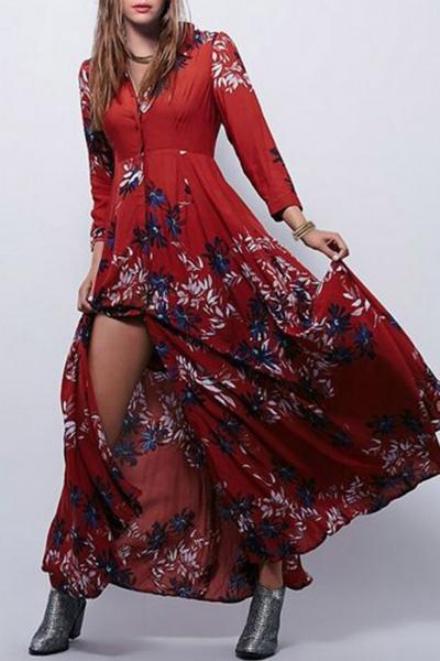 Oasap Vintage Floral Print Buttoned Maxi Swing Shirt Dress