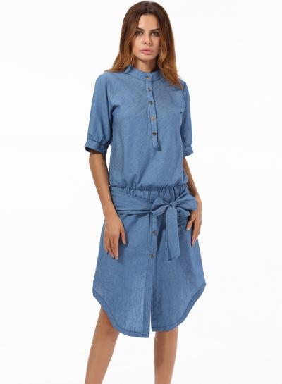 Oasap Short Sleeve Button Down Bow-knot Irregular Denim Dress