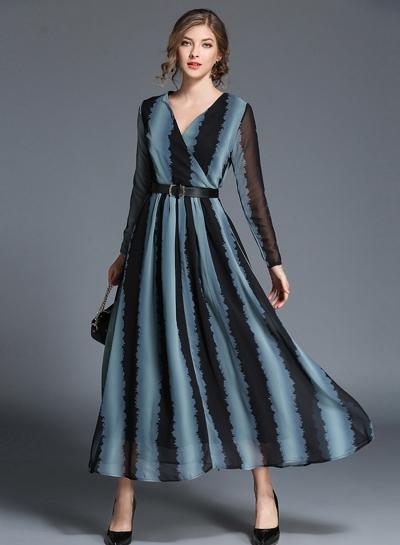 Oasap V Neck Color Block Striped Chiffon Maxi Dress