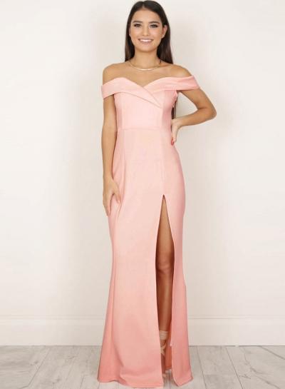 Oasap Solid Color Strapless Off Shoulder High Slit Maxi Dress