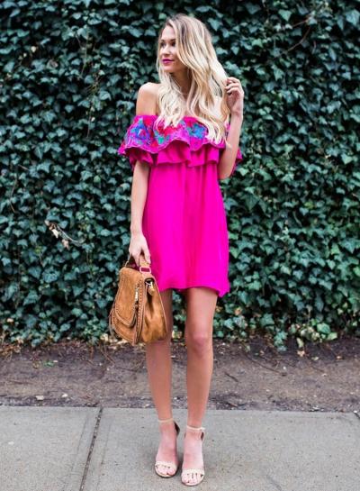Oasap Slash Neck Off Shoulder Floral Embroidery Mini Dress